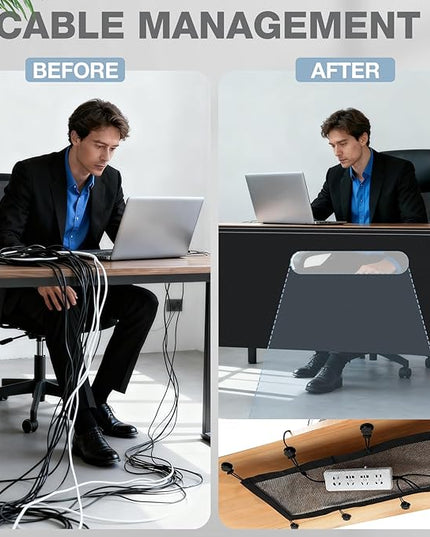 Tegeme 71'' Under Desk Privacy Panel with Cable Management Net Desk Skirt Self Adhesive Modesty Panel with Cord Organizer Pockets for Office Home Standing Workstation