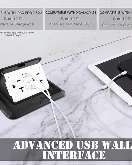 Hoolerry 4 Pack Pop up Floor Electrical Outlet Cover Box Kit with 4.8A USB Charger 20Amp Waterproof Weatherproof Floor Tamper Resistant Outlet Receptacle for Countertop Home (Black)