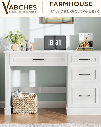 Vabches Farmhouse 47" Executive Desk with File Drawer, Computer Desk with 4 Drawers, Workstation for Study, Home Office, Writing, Cream White