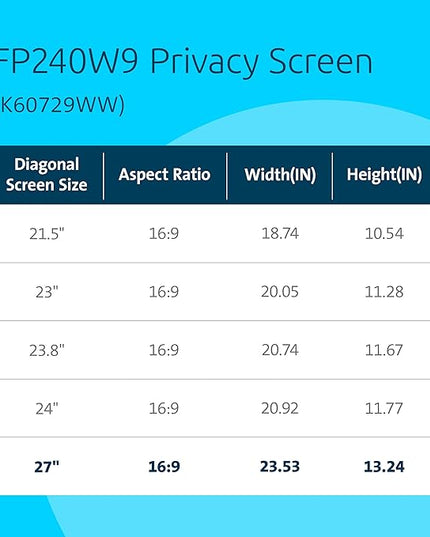 Kensington 27 inch Computer Privacy Screen for Desktop, 16:9 Widescreen Monitor, FP270W9 Anti-Glare Blue Ray Reduction Computer Privacy Filter, Matte and Glossy Viewing Options, K55414WW