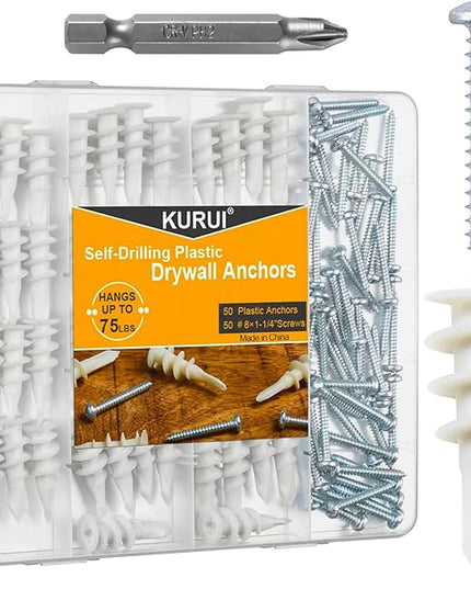 KURUI #8 Self Drilling Drywall Anchors with Screws Kit, Heavy Duty Dry Wall Anchors for Hanging Sheetrock, 50 Self-Tapping Plastic Drywall Hangers 50 Sheet Rock Screws, 100PCs Mounting Hardware -75LB
