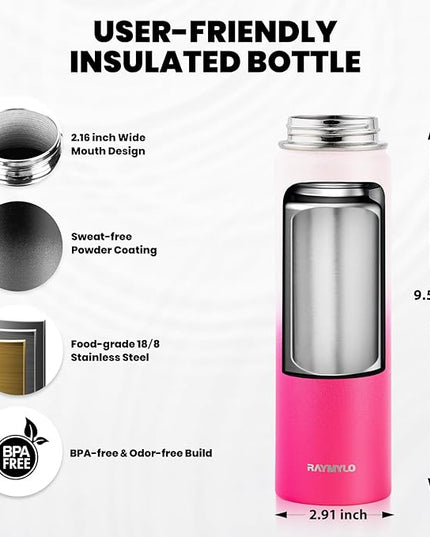 Insulated Water Bottle 20 oz, Triple Wall Vacuum Stainless Steel (Cold for 48 Hrs), Leak Proof & Non-BPA, Kids Water Bottle Jug for School with Straw Spout Lids, Ombre Pink