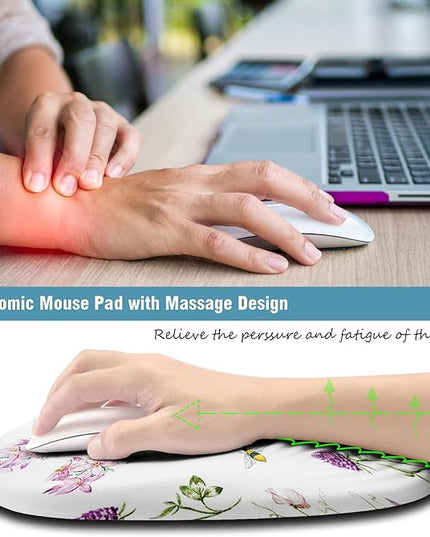 Floral Ergonomic Mouse Pad Wrist Support, Pretty Flowers Mouse Pad with Wrist Rest, Foam Massage Design & Non-Slip PU Base MousePads for Pain Relief, Desk, Office, Home
