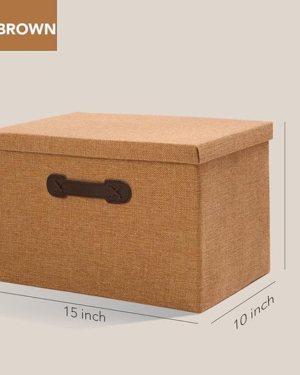 Enzk&Unity Decorative Storage Bins with Lids, Fabric Linen Foldable Storage Box with Handle Home Organizer for Shelf, Closet, Bedroom, Living Room, Office, 3 Packs, Brown
