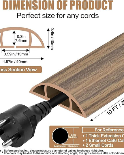 Floor Cord Cover Self Adhesive Cord Hider,10FT Cable Management, Extension Strip Protector for Wires, Prevent Cable Trips for Offices, Gyms, Exhibitions Cavity:0.51"(W) x0.3(H) Woodsmokedbrown