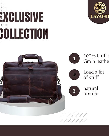 LAVAISH Handmade Full-Grain Leather Briefcase for Men & Women–17" Laptop Bag with Computer Compartment Office Satchel Bag