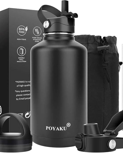 Water Bottle Insulated 32oz 40oz 64oz 128oz Straw Lid Spout Lid & 3 Lids, Leak Proof, Vacuum Insulated,Stainless Steel Water Bottle Wide Mouth for Sports, Gym or Office
