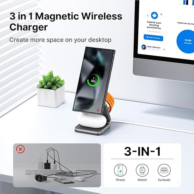 KU XIU Wireless Charger for Samsung,Aluminum Alloy Foldable 3 in 1 Wireless Charging Station for Samsung Galaxy S25 Ultra S24 S23 Note Z Fold 7 Flip/Buds,Fast Charger for Galaxy Watch Ultra 7 6 5 4