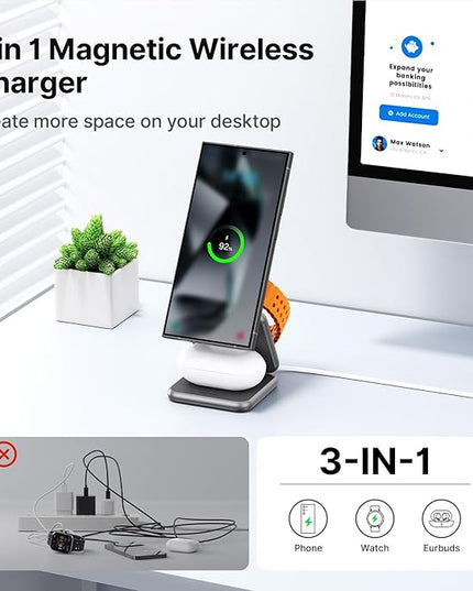 KU XIU Wireless Charger for Samsung,Zinc Alloy Foldable 3 in 1 Wireless Charging Station for Samsung Galaxy S25 Ultra S24 S23 S22 Note Z Fold 7 Flip/Buds,Fast Charger for Galaxy Watch Ultra 8 7 6 5 4