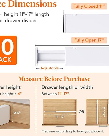 Lifewit 10 Pack Drawer Dividers 4" High,11-17" Adjustable Dresser Drawer Organizers for Clothes, Expandable Dresser Separators in Bedroom/Bathroom/Kitchen/Vanity/Office Organization and Storage, White
