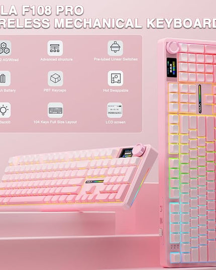 AULA F108 PRO - Wireless Mechanical Keyboard with Screen & Knob,Full Size Keyboard with 8000mAh Battery,Pre-lubed Switches,Side Printed PBT Keycaps,RGB Backlit Hot Swappable Custom Pink Keyboards