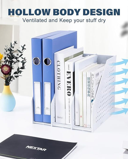 Collapsible Magazine File Holder with 3 Vertical Compartments Foldable Binder Holder for Desk Binder Storage Organizer Plastic Magazine Holders for Shelf, Light Gray