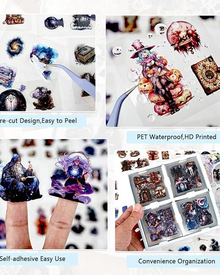 Scrapbook Stickers Set for Adults, 100 Sheets 3.1x3.1 Inches Diecut Dark Academia Theme, Clear PET Stickers for Junk Journaling Supplies, Collage, Scrap Booking, DIY Crats Arts Decorative