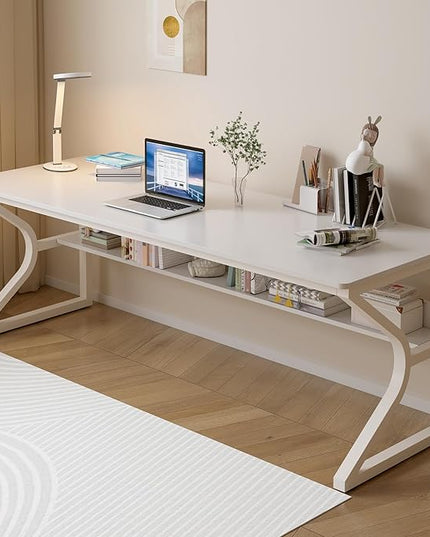 Extra Long Desk with Bookshelf - 71" Double Long Writing Table for 2-Person Workstation, Modern Study Work Computer Desk for Home and Office, Warm White