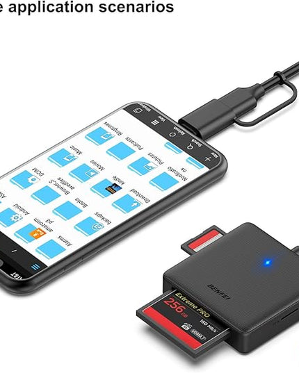 Memory Card Reader, BENFEI 4in1 USB 3.0 and USB-C to SD Micro SD MS CF Card Reader Adapter, 4 Cards Simultaneously Read and Write, Compatible with iPhone 15 Series, MacBook Pro/Air 2023, and More