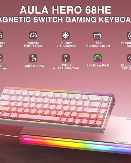AULA Hero 68 HE 60% Wired Gaming Keyboard, Hall Effect Magnetic Switch Keyboard with Adjustable Actuation, Fast Trigger Mode, 8K Hz Polling Rate, 0.125ms Latency,RGB Backlit, Side Printed PBT Keycaps