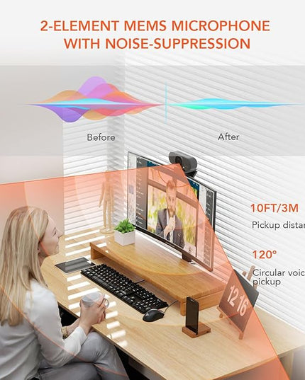 NUROUM V15AF 2K Webcam for PC, 1080P 60fps Autofocus HD Webcam with Dual Noise Cancelling Microphone, 75° FOV&Light Correction, USB Web Camera Plug&Play for Zoom/Teams,Grey