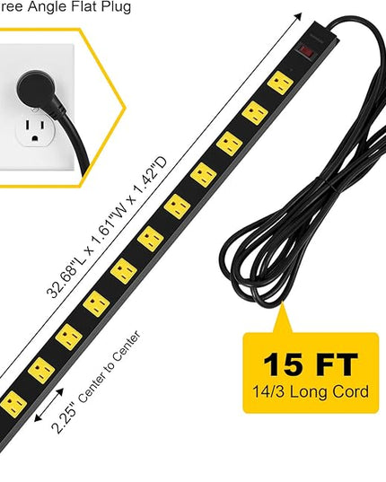 SURAIELEC 12 Outlet Long Metal Power Strip, 15FT Cord Surge Protector, Angled Flat Plug, Wide Spaced Outlet Bar, 15A Breaker, Wall Mountable, Industrial Heavy Duty for Work Bench, Shop, Garage, 2 Pack