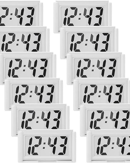 Frienda 12 Pieces Mini Digital Clock Small Digital Clock Stick on Battery Operated Self Adhesive Bracket for Car Dashboard Fridge (White)