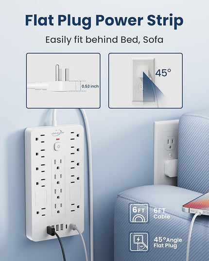 Surge Protector Power Strip-14 Outlets and 6 USB Ports, 6 Feet Flat Plug Extension Cord, 1850 Joules, White, ETL Listed for Home, Office, Dorm Room