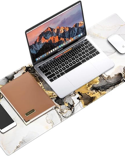 Galdas Large Mouse Pad XXL XL Large Mouse Pad Long Extended Mousepad Desk Pad Non-Slip Rubber Mice Pads Stitched Edges Thin Pad (31.5x11.8x0.12 Inch)-Ink White Gold Marble
