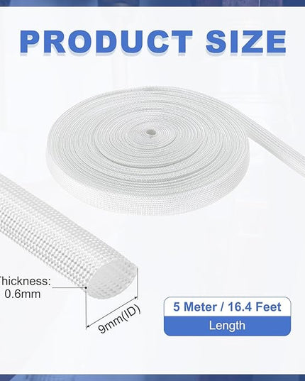 uxcell Insulation Cable Protector,9mm/0.35 Inch-5m/16 Feet High Temp Fiberglass Sleeve White
