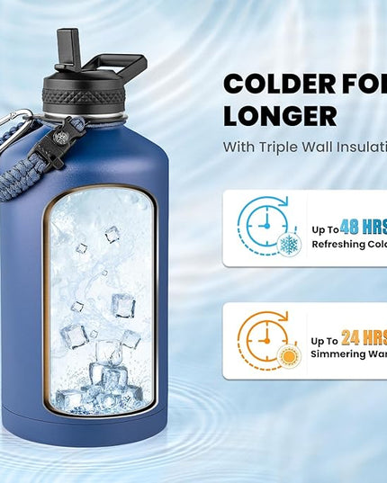 One Gallon Water Bottle Insulated, Triple Walled Vacuum Stainless Steel (Cold for 48 Hrs), Leak Proof & Non-BPA, Large Water Flask Jug with Paracord Handle & Straw Spout Lids