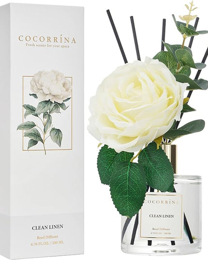 Cocorrína Flower Reed Diffuser - Clean Linen 6.7oz Scented Diffuser with Sticks Home Fragrance Essential Oil for Bathroom Shelf Decor (Artificial Flower)