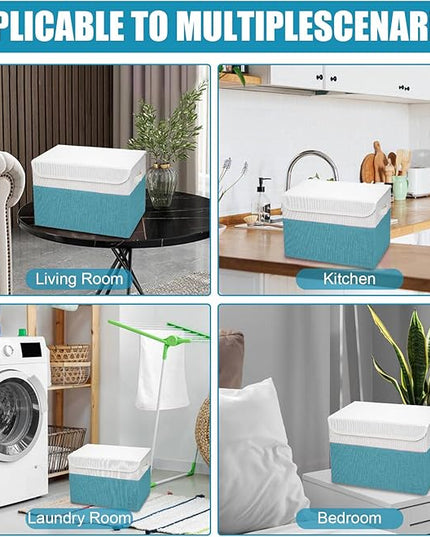 Large 22 Quart Linen Fabric Foldable Storage Bin Cube Organizer Basket with Flip-Top Lid & Handles, Clothes Blanket Box for Home, Office, Closet, Teal & White, 4 Pack 14.6 x 9.5 x 9.5