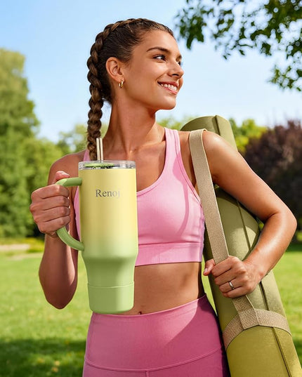 Renoj Tumbler with Handle 100% Spill Resistant Insulated Water Bottle for Iced Coffee & Hot Drinks - Fits Car Cup Holder, Ideal Gift, 2 Straws & Silicone Boot BPA-Free - FlexSlide Green Gradient 32 oz