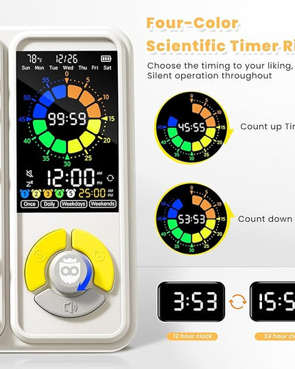 5 IN 1 Visual Timer for Kids/Adults with Chore Chart, ADHD Tools 12/24H Silent Task Timer and Pomodoro Timer, ADHD & Autism Sensory Products, Visual Schedule for Kids Back to School Supplies Off-white