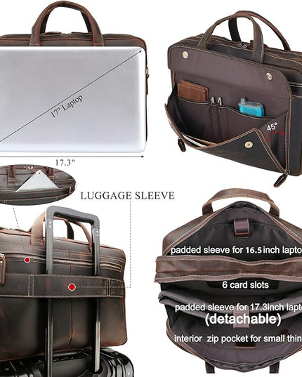 Masa Kawa Leather Briefcase for Men 15.6", 17" Laptop Computer Case Business Travel Work Messenger Cross Body Shoulder Bag