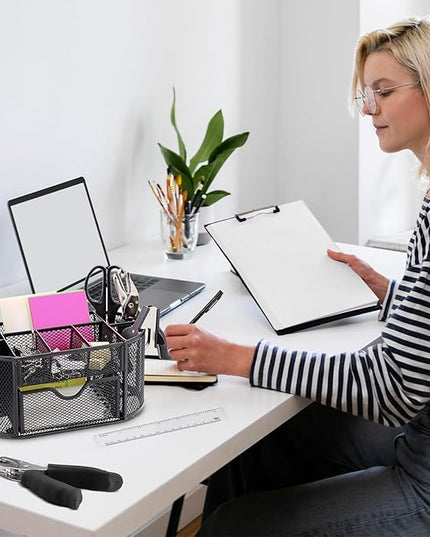 17 in 1 Black Desk Organizers and Accessories Set, 3 Office Desk Supplies Storage Organization, 4 Pens, Stapler, Staples & Remover, Tape & Dispenser, Scissors, Ruler, Clips, Hole Punch, Back to School
