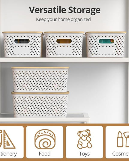 Plastic Storage Bins with Bamboo Lids, Stackable Small Box Baskets for Organizing and Containers for Shelves Drawers Desktop Closet Pantry Classroom Office Home, 6 Pack 10.2x7.2x4.1 Inch, White