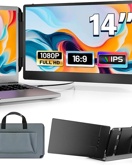 domyfan 14" Laptop Monitor Extender, FHD 1080P IPS Dual Laptop Screen Extender, HDMI/USB-A/Type-C Plug and Play for Windows, Mac, Chrome, Android, Xbox, Switch, PS5, Work with 13.3”-17” Laptops