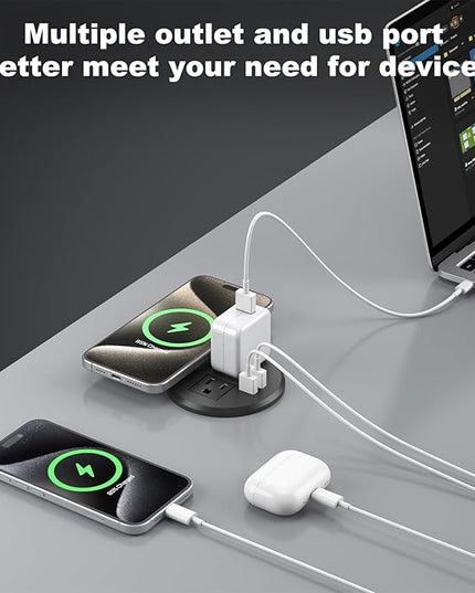 3 Inch Desk Hole Recessed Power Grommet with 15W Wireless Charger Cover, 2 USB-A Countertop Grommet Mount Power Outlet, with AC Outlets and 6ft Extension Cord Black