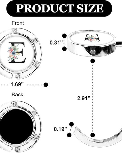 XSUIOY 3Pcs Personalized Initial Foldable Purse Hook for Table,Crushed Flower Letters Folding Purse Hanger,Purse Holder Handbag Hanger Collection Desk Table Bag Hooks Gifts for Women Bag(Black-E)