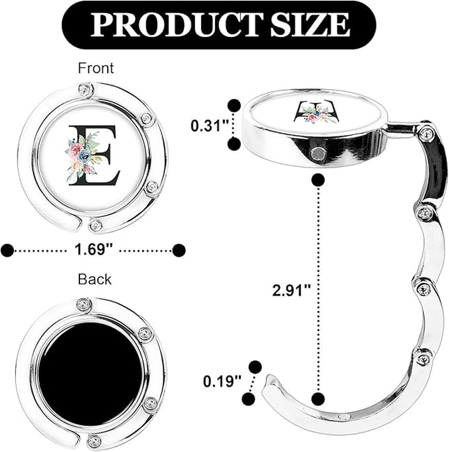 XSUIOY 3Pcs Personalized Initial Foldable Purse Hook for Table,Crushed Flower Letters Folding Purse Hanger,Purse Holder Handbag Hanger Collection Desk Table Bag Hooks Gifts for Women Bag(Black-E)