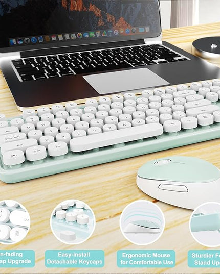 Wireless Keyboard and Mouse Combo, Ergonomic Full Size Typewriter Retro Round Keycaps Keyboard, Compatible with Windows, PC, Perfer for Home and Office Keyboards（Green）