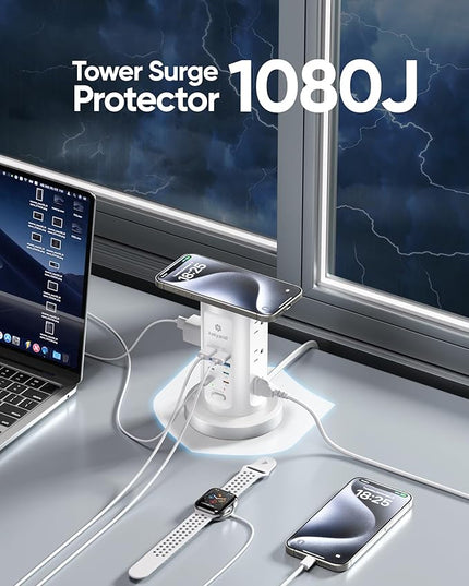 115W USB Charging Station, Surge Protector Power Strip Tower, 9 AC Outlets with 8 USB Ports(4 USB-C), 6Ft Flat Plug Retractable Extension Cord, for Home Office Dorm, White