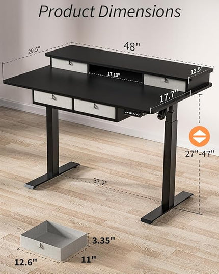 Kingant Standing Desk with Drawers & USB Charging Port, 48" x 30" Height Adjustable Home Office & Gaming Desk, Sit Stand Desk with Built-in Storage Shelf, Hook & Ergonomic Design(Classic Black)