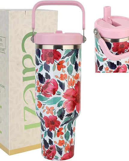 40 oz Insulated Tumbler with Top Handle and Flip Straw, Vacuum Insulated Stainless Steel Cup with Leak-Proof Lid, Sweat-Free, Fits Cup Holder, Keeps Ice Cold up to 30 Hours