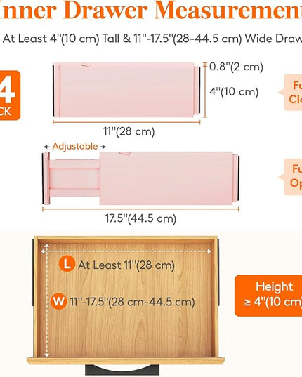 Lifewit 14 Pack Drawer Dividers 4" High, 11-17" Adjustable Drawer Organizers for Clothes, Expandable Dresser Separators in Bedroom/Bathroom/Kitchen/Fridge/Office Organization and Storage, Pink