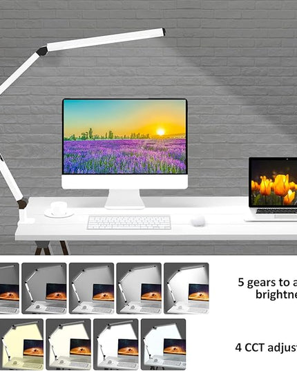 Micomlan LED Desk Lamp for Home Office, Architect Clamp Desk Lamp with Remote Control, Adjustable Dimmable Swing Arm Clamp on Table Light Clip-on Dual Light 5 Brightness Levels & 4 CCT Modes