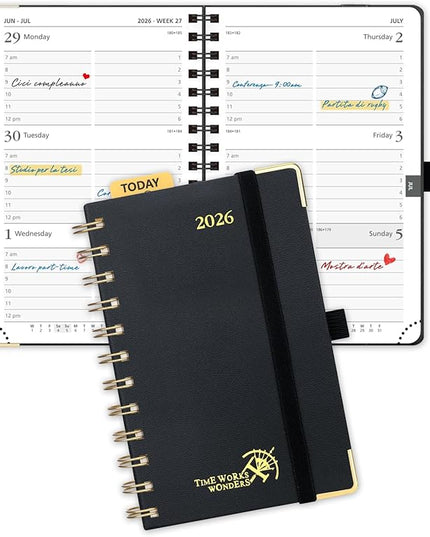 POPRUN 2026 Planner (Pocket Size 4''x 6.25'' Wire-Bond Hard Cover) Calendar Weekly and Monthly (Jan.2026-Dec.2026) Small Planner with Hourly Time Slots, for Purse, 100 GSM - Black