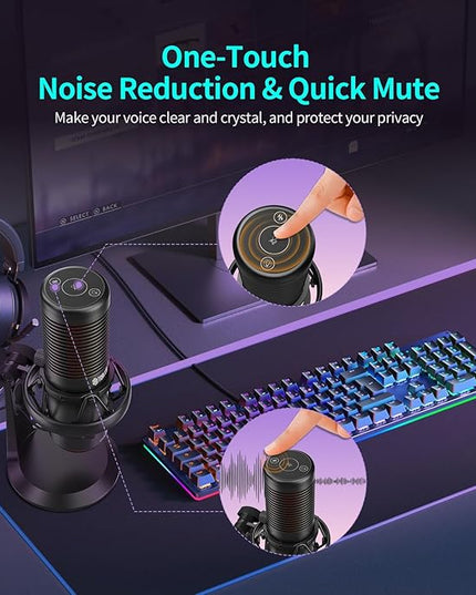 TOALLIN CM20P - USB Condenser Microphone with RGB Lights for Gaming/Streaming/Podcasting/Recording, 192kHz/24Bit, Noise Canceling & Volume Adjustable, Compatibles with Laptop/PC/Tablet/Phone, Black