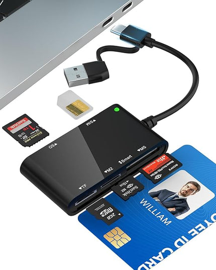 USB C/USB A SIM Card Reader- 7 in 2 CAC Smart Card Reader Military, MS Pro Duo/SD/TF/M2/ID/IC/PIV/Sim Card Adapter, SIM Card Reader for iPhone 17/16/15/iPad/PC/Laptop/Windows/Linux
