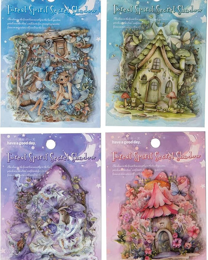 Dwpetzo Scrapbook Fairy Stickers for Scrapbooking Supplies, 80 Pcs Transparent PET Forest Mushroom House Scenery Stickers Ephemera for Junk Journals, Journaling, Collage, Art Crafts