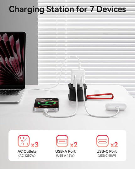 ORICO 45W Power Strip for iPhone 17 and Galaxy S25, 7 in 1 Charging Station with 3AC, 2 USB-A, 2 USB-C, 4ft Thin Extension Cord, Flat Plug Fashion Essential for Travel/Home/Office/Library/Dorm - TK45