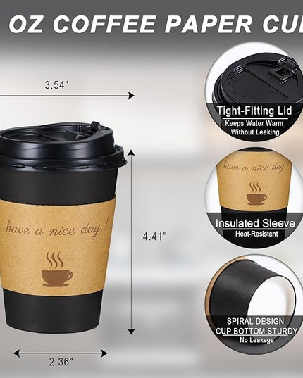 Lamosi 12 oz Coffee Cups with Lids 100 Pack, 12 oz Disposable Coffee Cup with Stir Sticks and Sleeves, To Go Hot Paper Cup for Home, Travel, Office